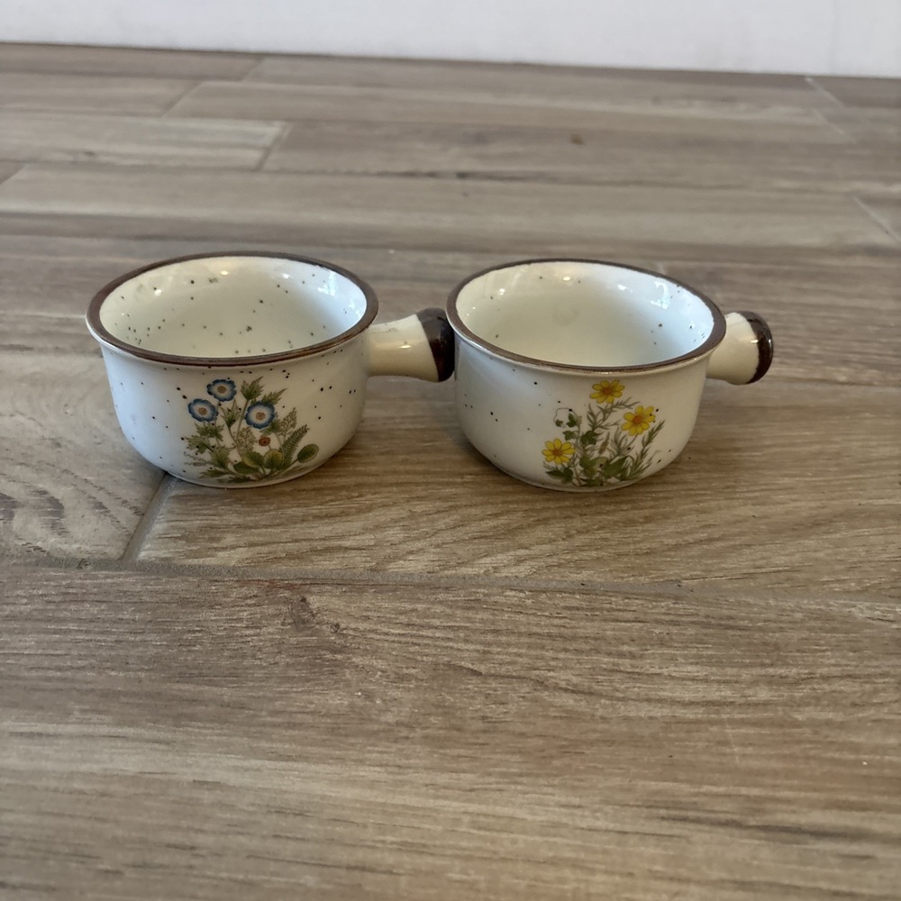 1970s Takahashi "Herb Wildflower" Lug‎ Handle Bowls Speckled Pottery Japan Vtg